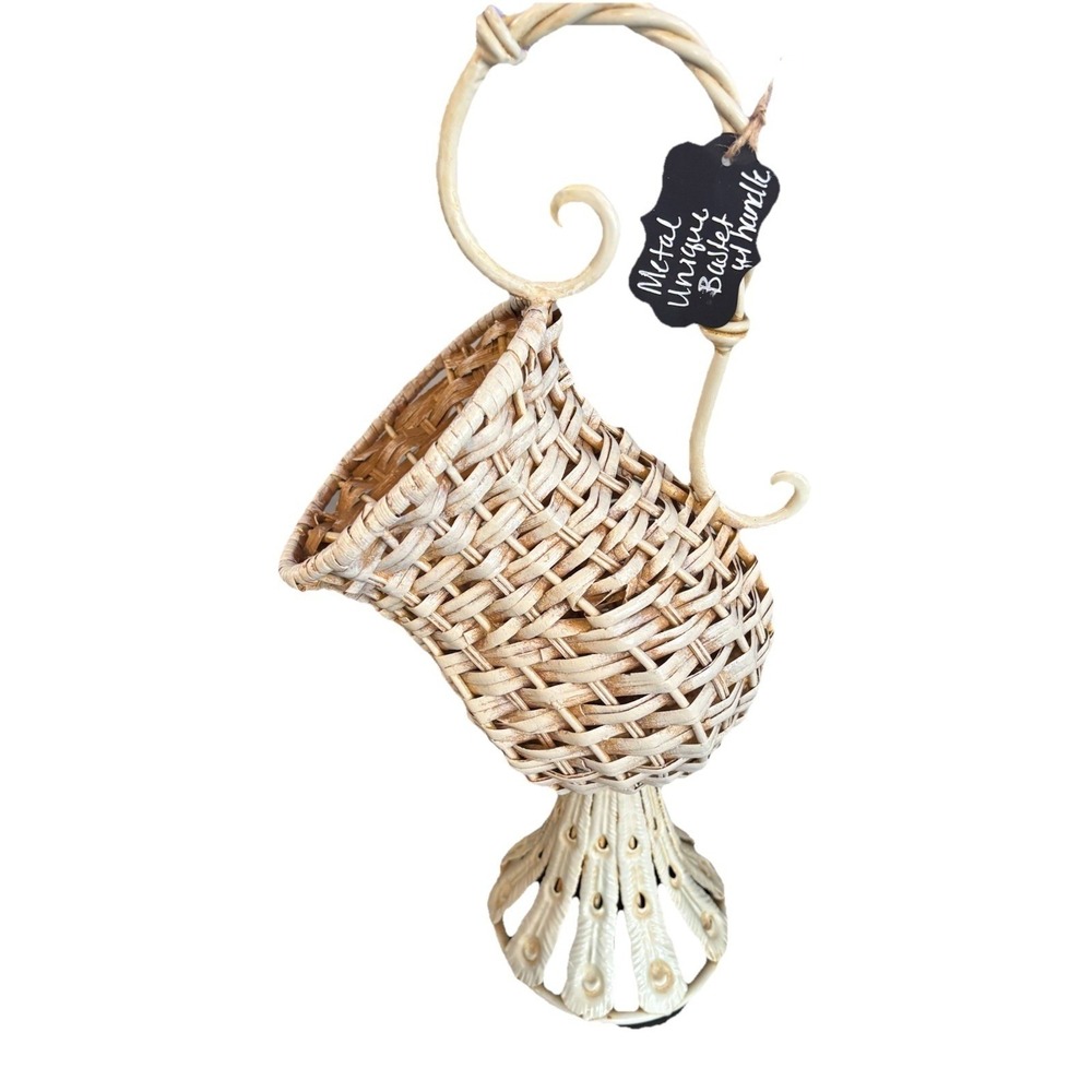 cream Metal Unique Basket With Handle Approximately 19.5" Tall
